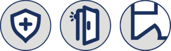 A set of icons representing safety, door entry, and a floorplan